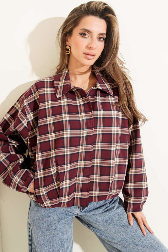 Veste courte zippée à motif écossais bordeaux