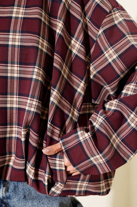 Plaid Patterned Zip-Up Short Jacket Burgundy