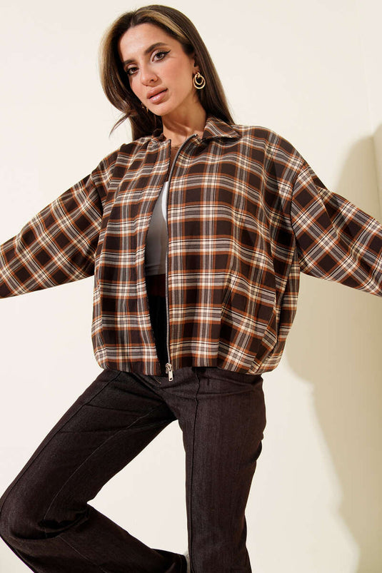 Veste courte à fermeture éclair à motif écossais marron