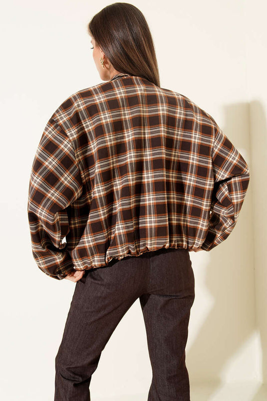 Veste courte à fermeture éclair à motif écossais marron