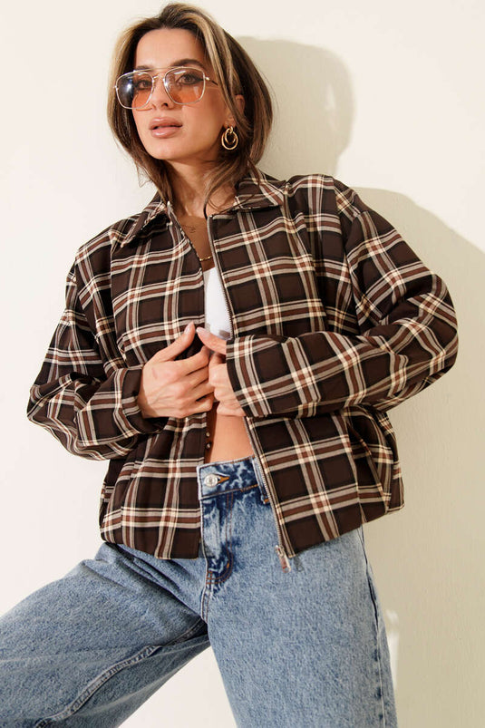 Veste courte à fermeture éclair à motif écossais marron châtaigne