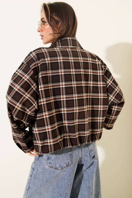 Veste courte à fermeture éclair à motif écossais marron châtaigne