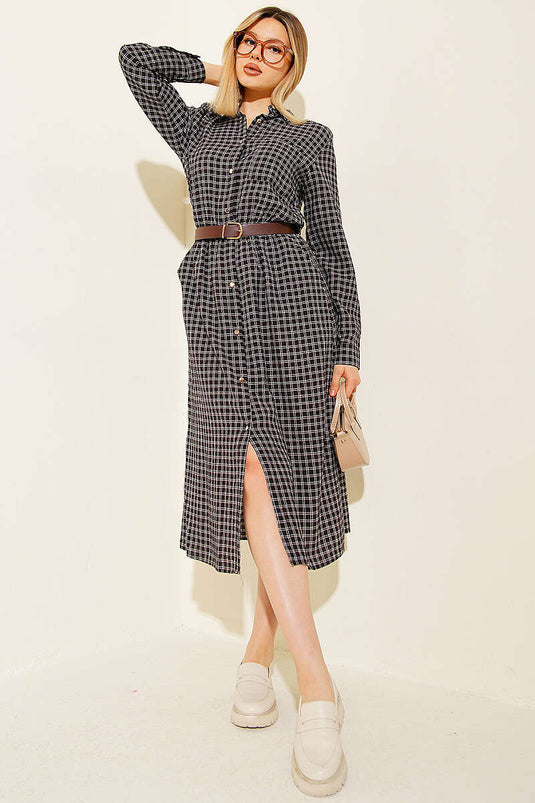 Kariertes Kleid mit Gürtel, Braun