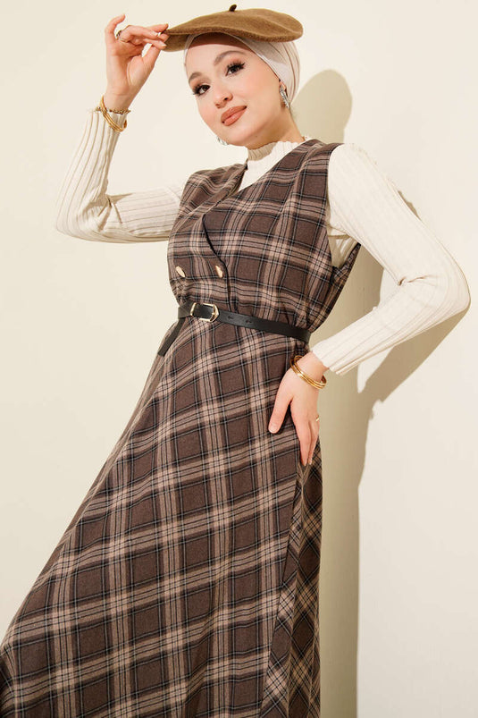 Plaid Belted Vest Dress, Brown