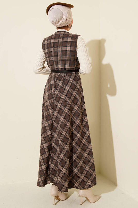 Plaid Belted Vest Dress, Brown