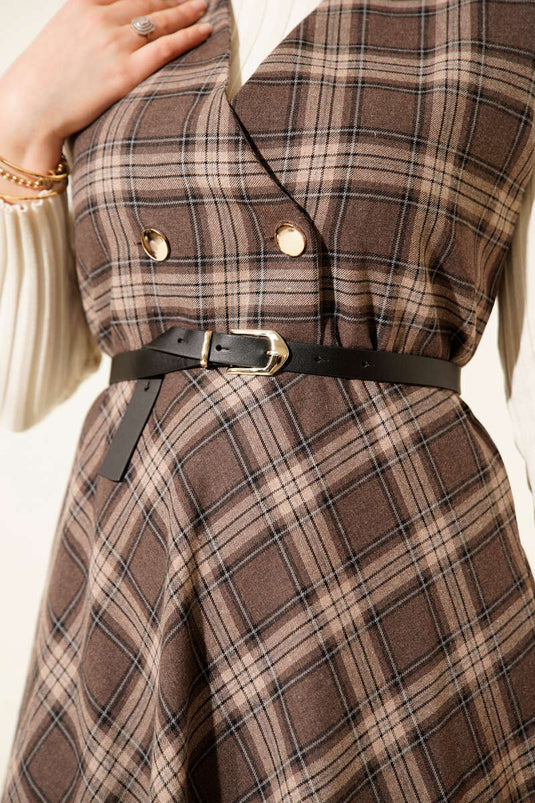 Plaid Belted Vest Dress, Brown