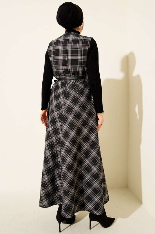 Plaid Patterned Belted Vest Dress Black