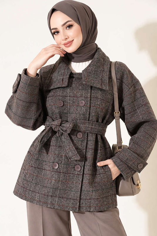 Checkered Short Wool Coat Smoke Grey