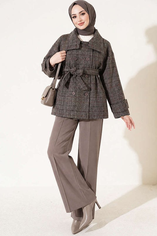 Checkered Short Wool Coat Smoke Grey