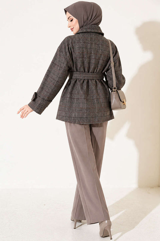 Checkered Short Wool Coat Smoke Grey