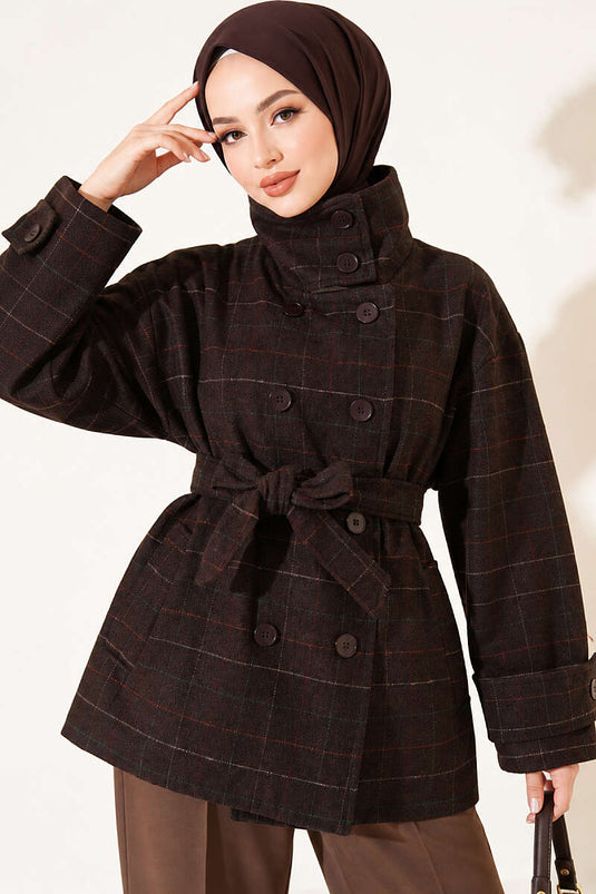 Plaid Short Wool Coat In Brown