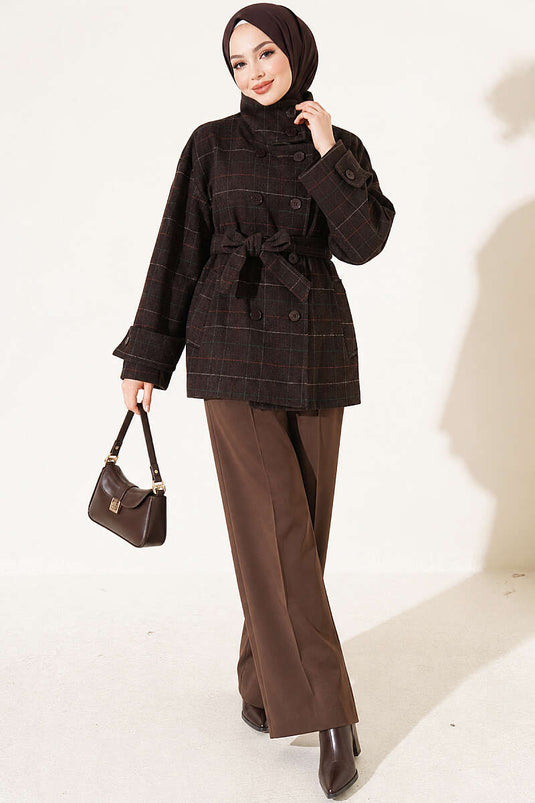 Plaid Short Wool Coat In Brown
