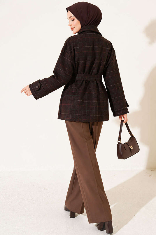 Plaid Short Wool Coat In Brown