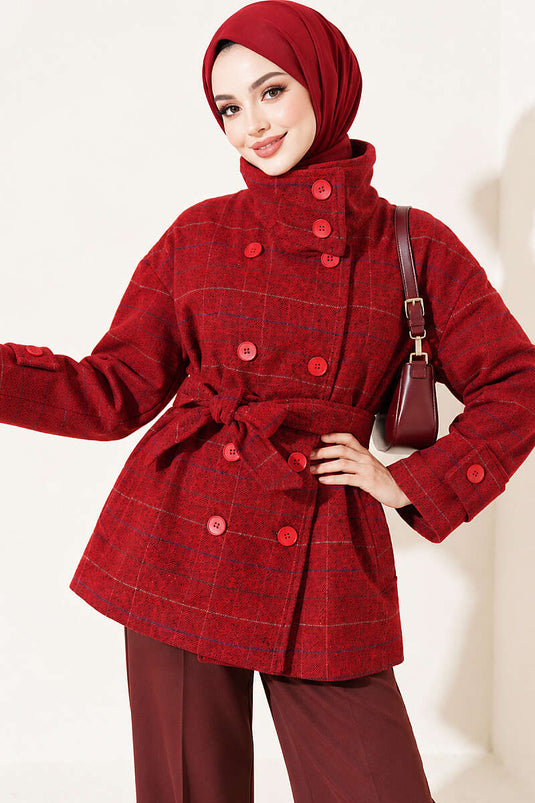Red Plaid Short Wool Coat
