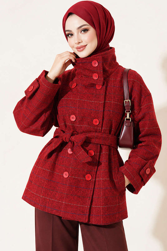 Red Plaid Short Wool Coat