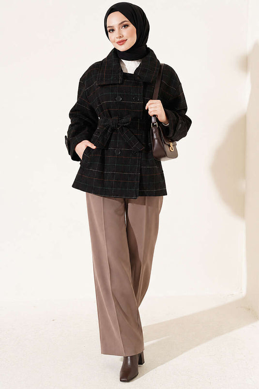 Checked Short Wool Coat Black