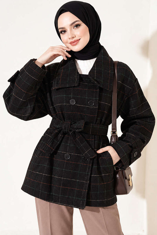 Checked Short Wool Coat Black