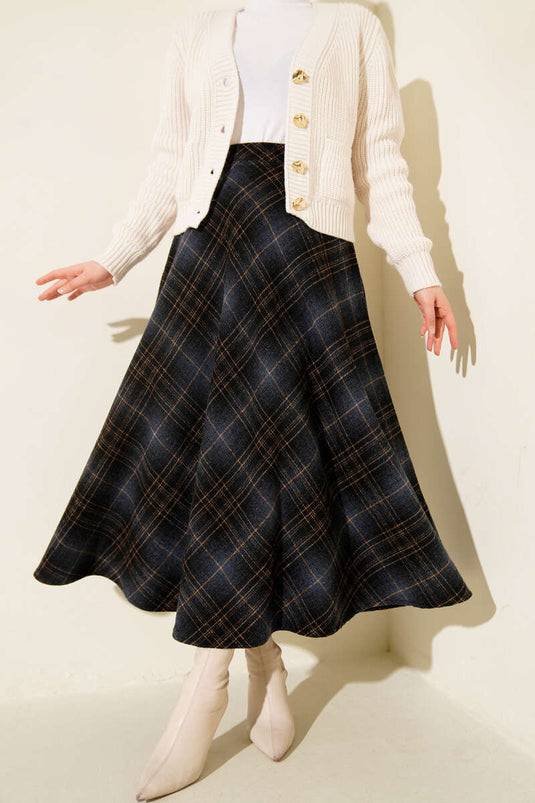 Ekose Desenli Kloş Kaşe Etek Gece Mavisi