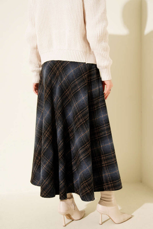 Ekose Desenli Kloş Kaşe Etek Gece Mavisi