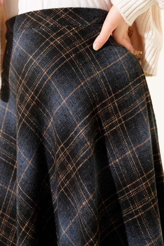 Ekose Desenli Kloş Kaşe Etek Gece Mavisi