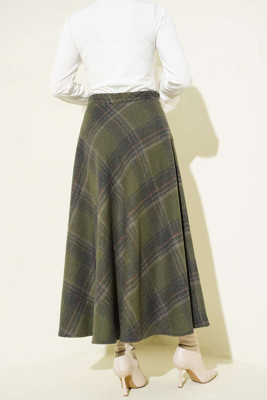 Ekose Desenli Kloş Kaşe Etek Haki