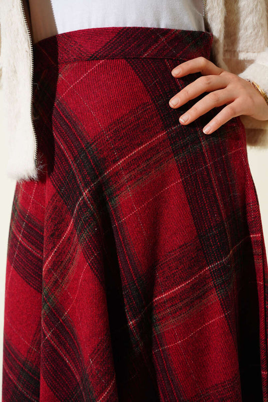 Plaid Patterned Flared Cashmere Skirt Red