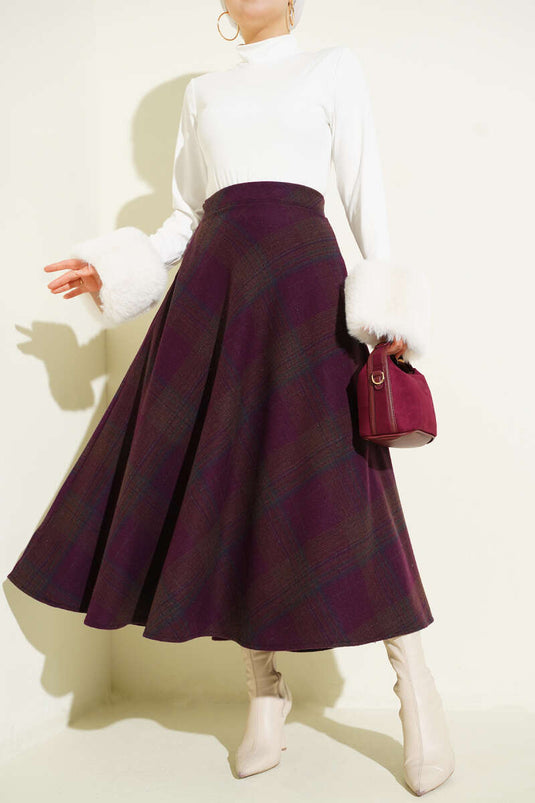 Ekose Muster Glockenförmiger Wollstoff Rock Pflaume