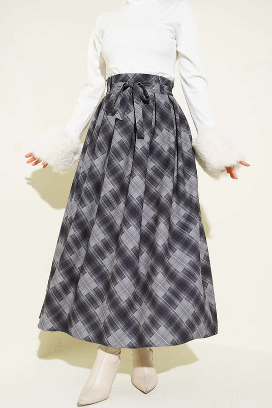 Ekose Desenli Kuşaklı Etek Füme