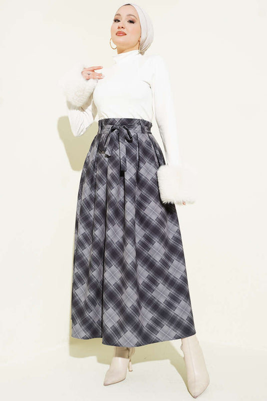 Ekose Desenli Kuşaklı Etek Füme