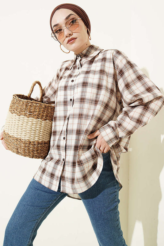 Beige Plaid Pattern Loose Shirt