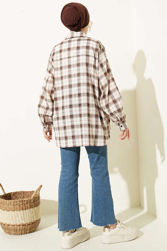 Beige Plaid Pattern Loose Shirt