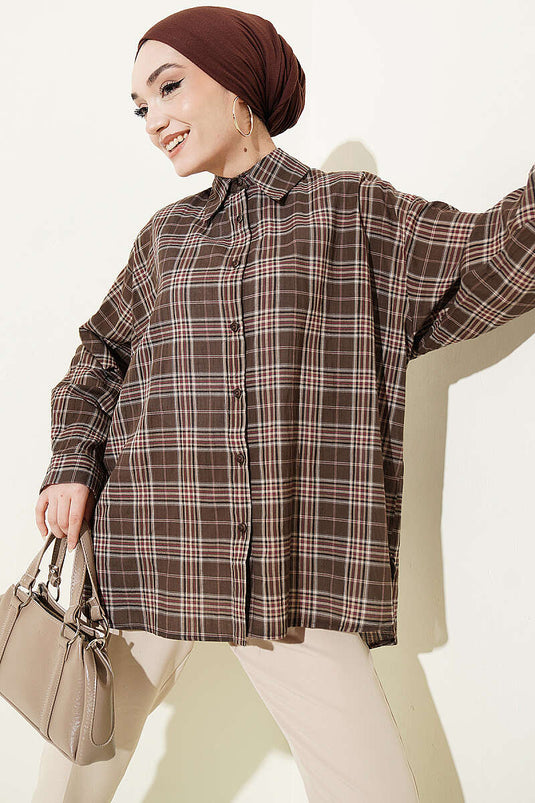 Karierte Oversize-Hemd in Braun
