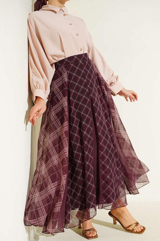 Plaid Patterned Chiffon Flared Skirt Burgundy