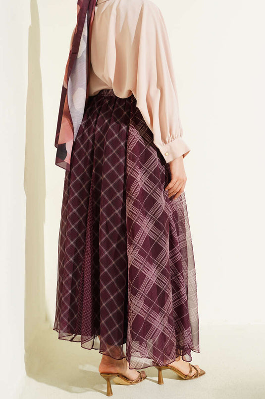 Plaid Patterned Chiffon Flared Skirt Burgundy