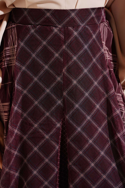 Plaid Patterned Chiffon Flared Skirt Burgundy