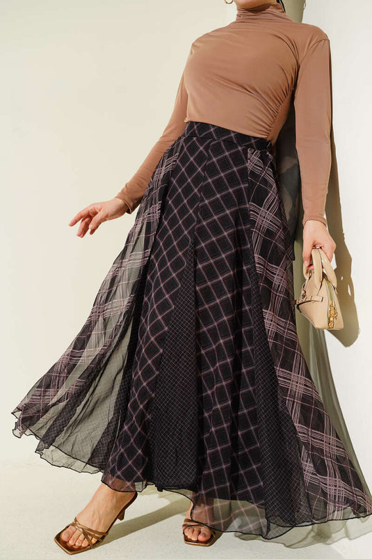 Black Checkered Patterned Chiffon Flared Skirt