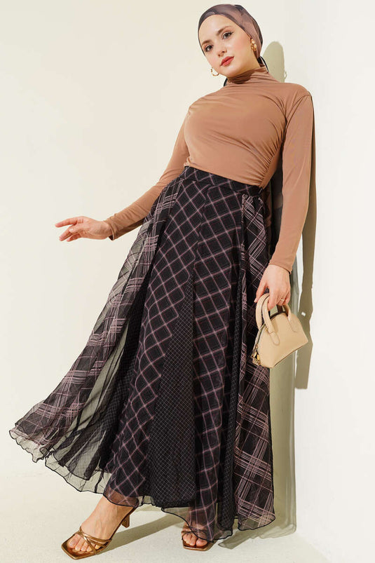Black Checkered Patterned Chiffon Flared Skirt