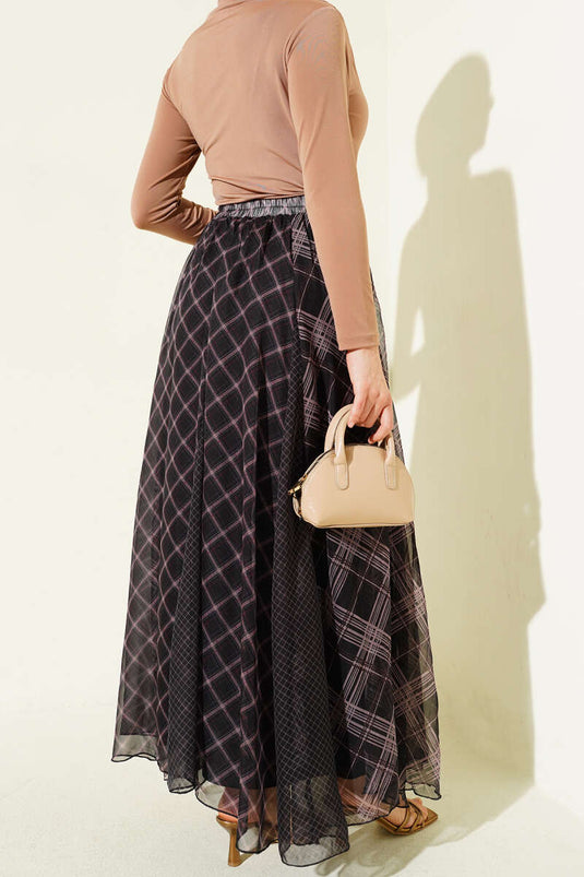 Black Checkered Patterned Chiffon Flared Skirt