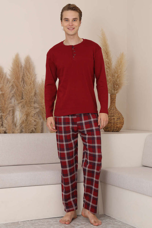 Long Sleeve Men's Pajama Set with Checkered Detail Burgundy