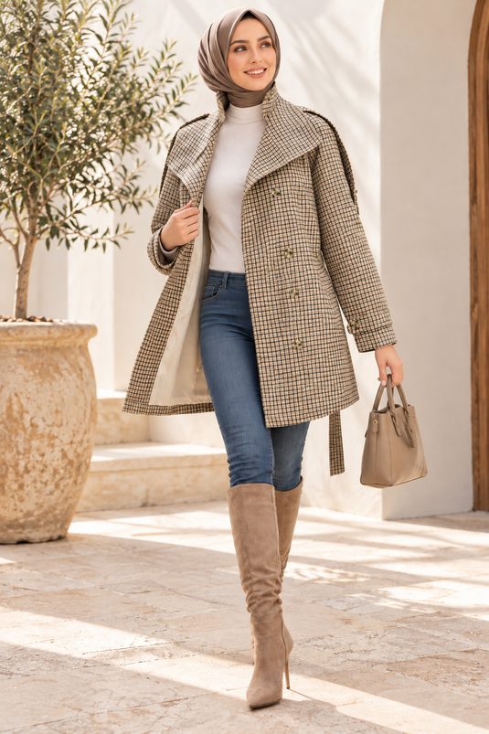 Trench-Coat À Carreaux À Col Long Et Ceinture En Café