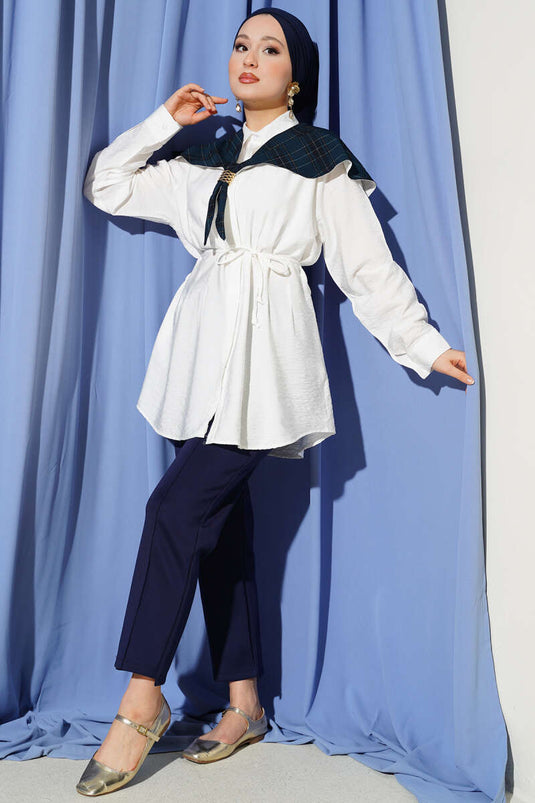 قميص إيكوزي بياقة إزجي بلون كريمي