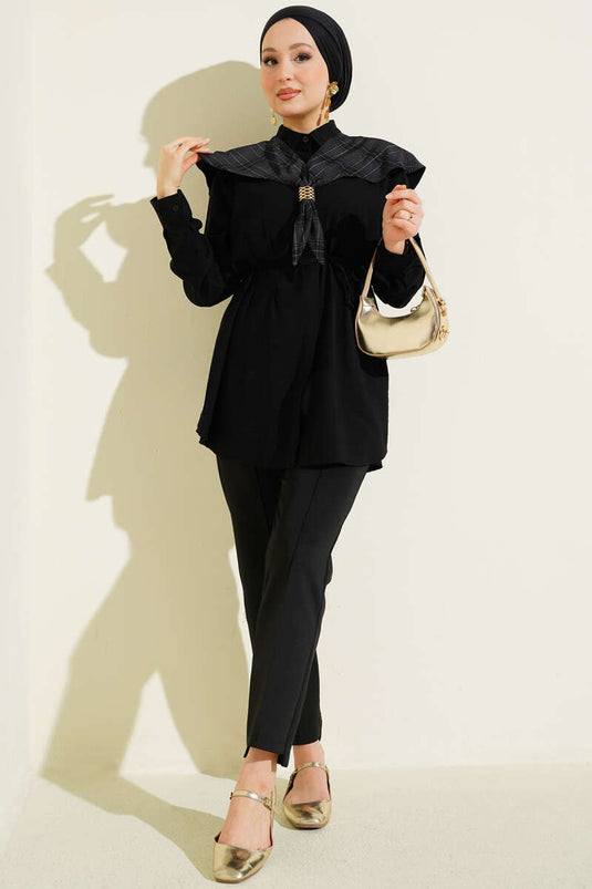 قميص إيكوسي بياقة إزجي أسود