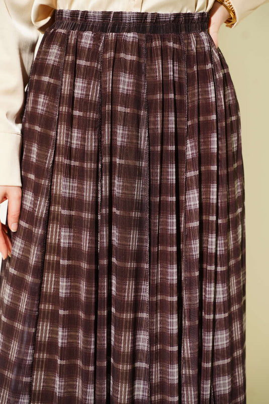 Ekoseli Asymmetric Flared Skirt Brown