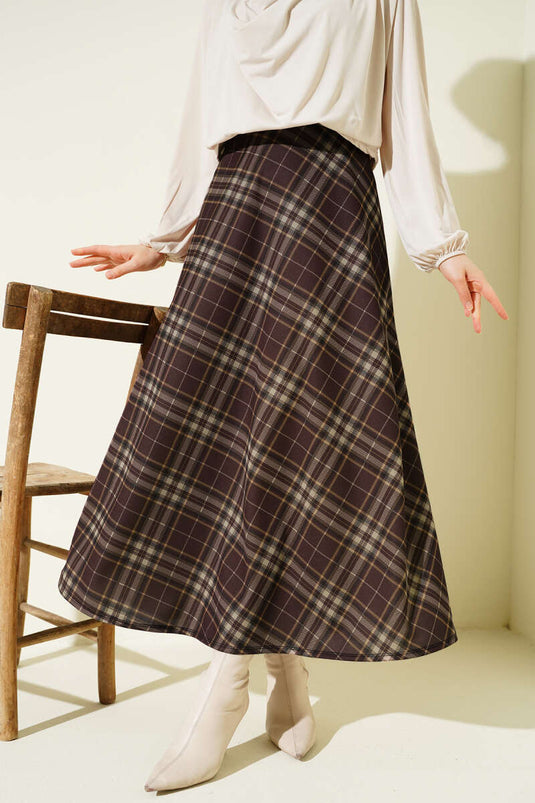 Ekoseli Waist Elastic Flared Skirt Chestnut