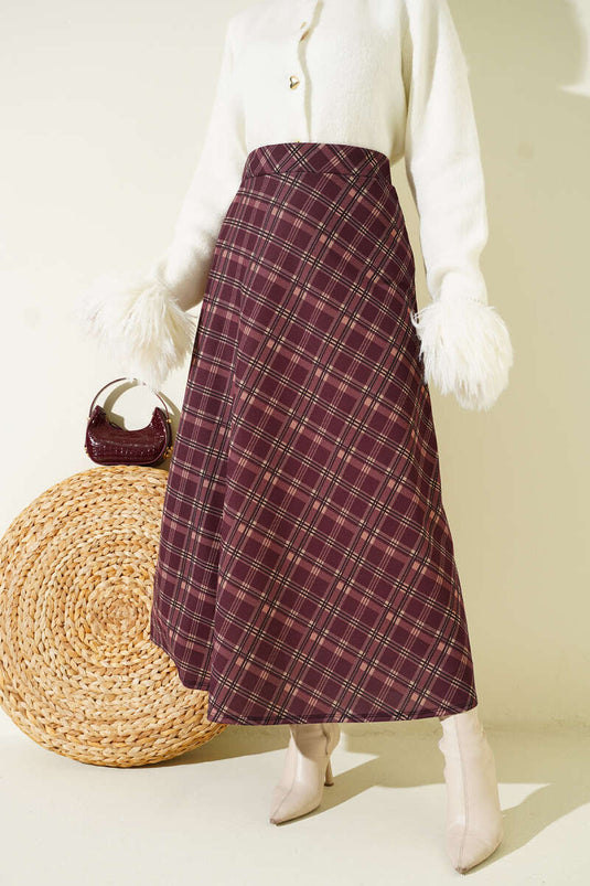 Ekoseli Beli Lastikli Kloş Etek Mürdüm