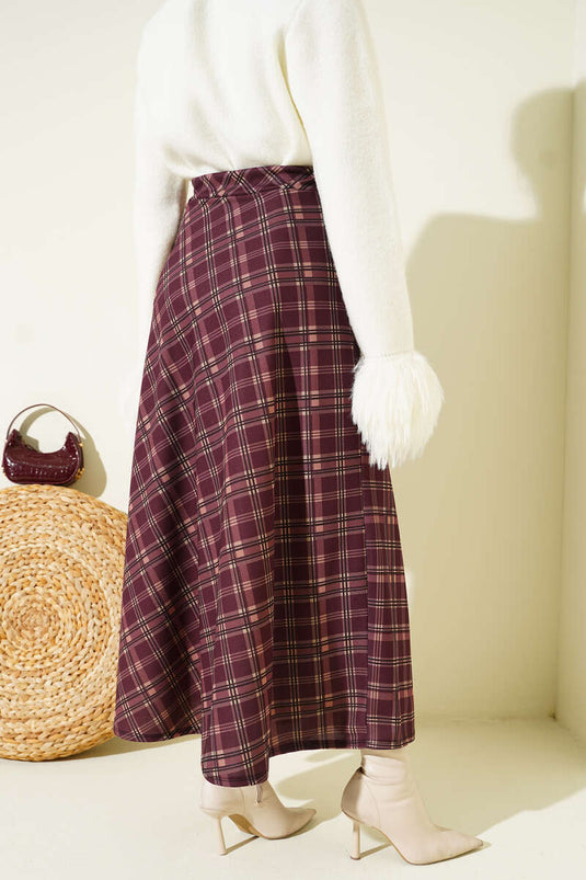 Ekoseli Flared Skirt with Elastic Waist in Burgundy