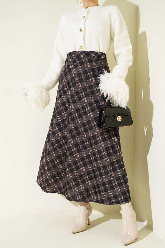 Ekoseli Beli Lastikli Kloş Etek Siyah