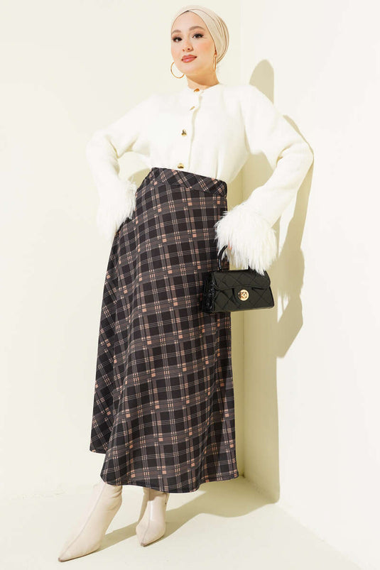 Ekoseli Beli Lastikli Kloş Etek Siyah