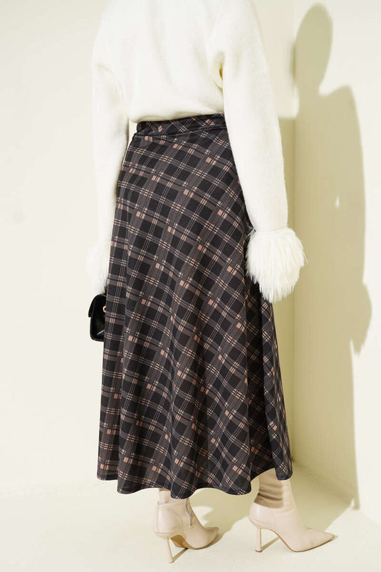 Ekoseli Beli Lastikli Kloş Etek Siyah