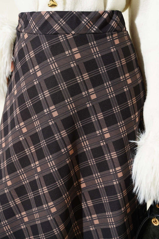 Ekoseli Beli Lastikli Kloş Etek Siyah